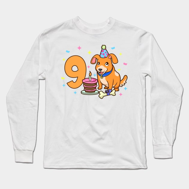 I am 9 with dog - kids birthday 9 years old Long Sleeve T-Shirt by Modern Medieval Design